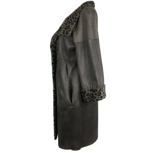 Grandi‎ Coat Womens Sz M Italy Gray Leather Leopard Faux Fur Reversible Trench - Picture 4 of 11